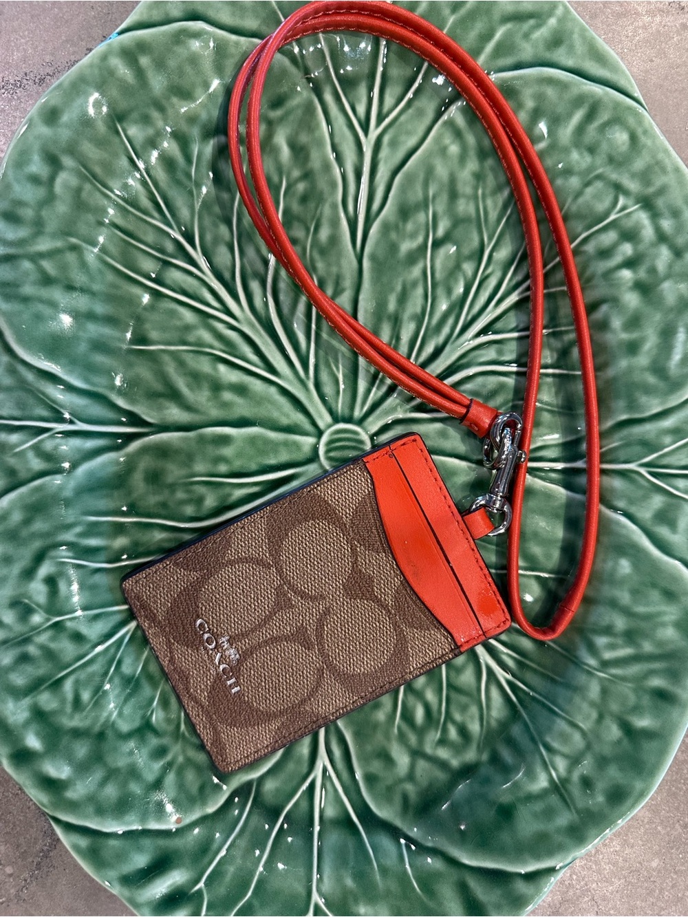 Coach Brown Signature Card Holder with Red Leather Lanyard